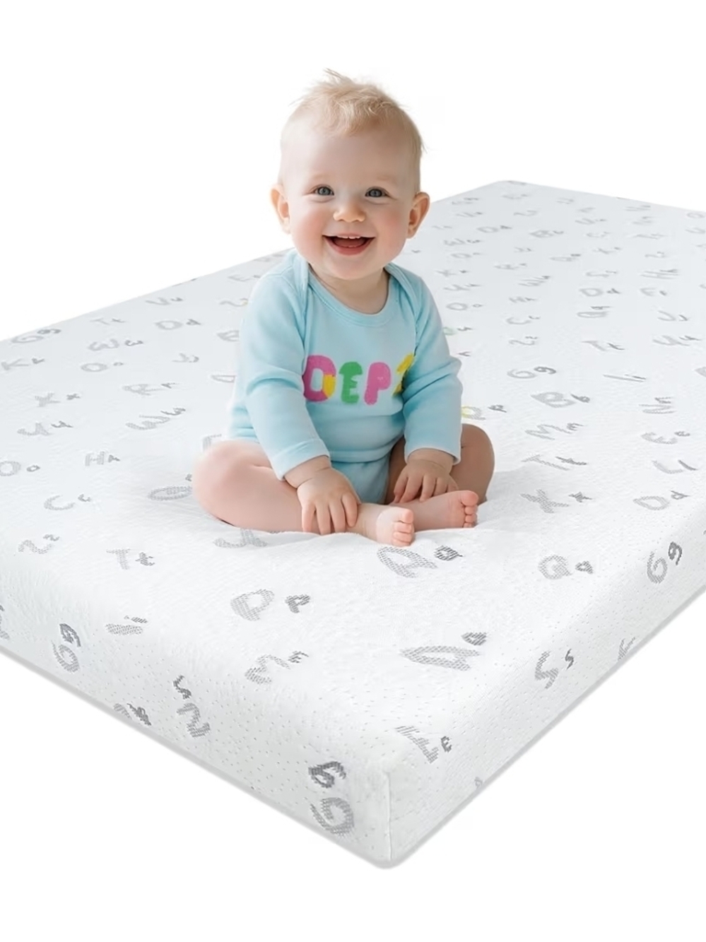 Baby Crib Mattress with Gray Alphabet Print - White